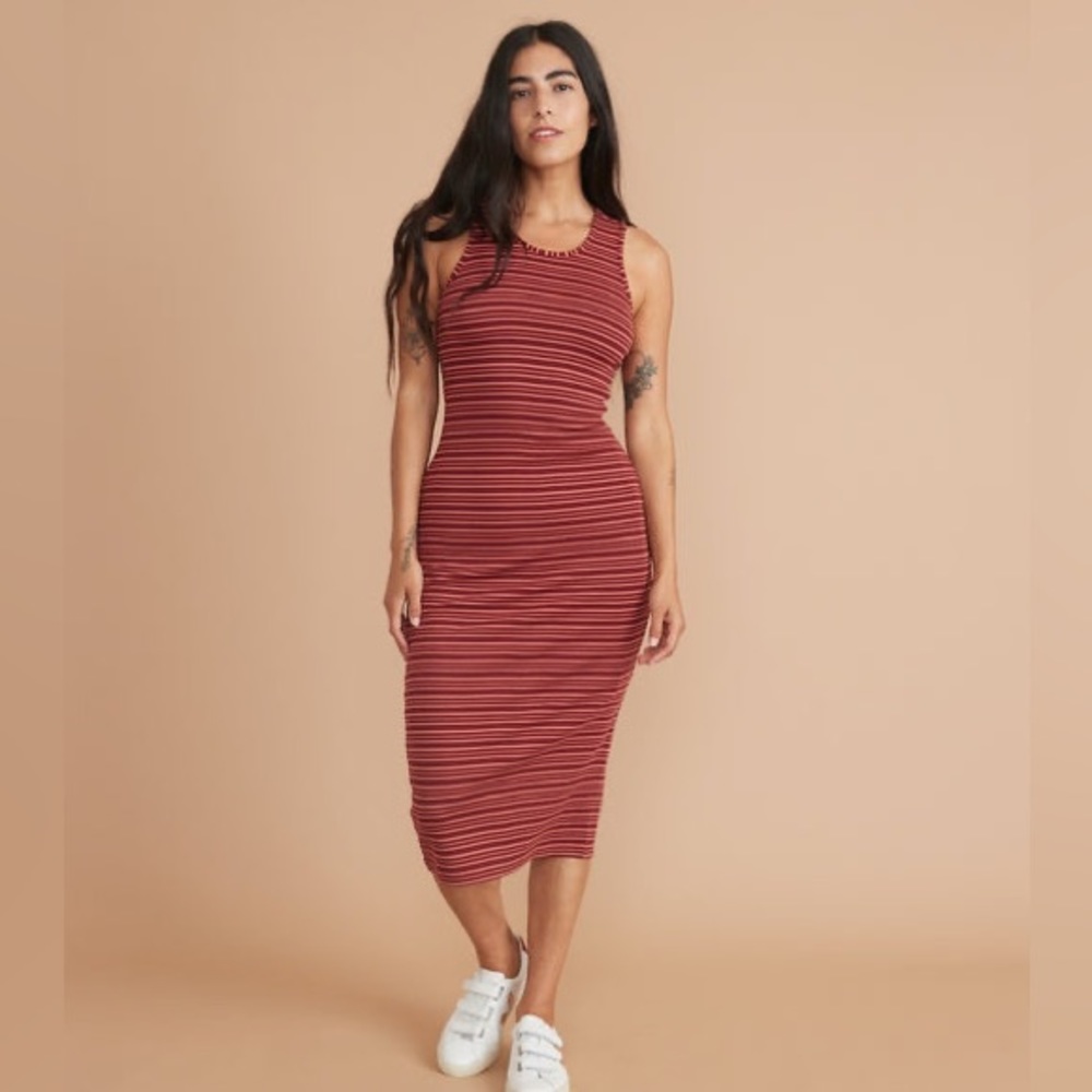 Marine Layer Ruby Wine Multi Stripe Ribbed Daytime Midi Dress Size M